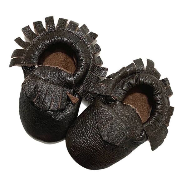 New Glossy Brown Leather Fringe Moccasins - Picture 1 of 4